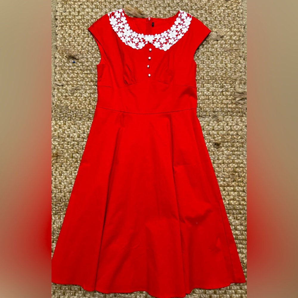 Trends Red dress with white lace collar.
